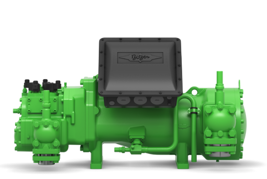 Green industrial compressor with black rectangular panel on top, labeled Bitzer, featuring pipes and valves.