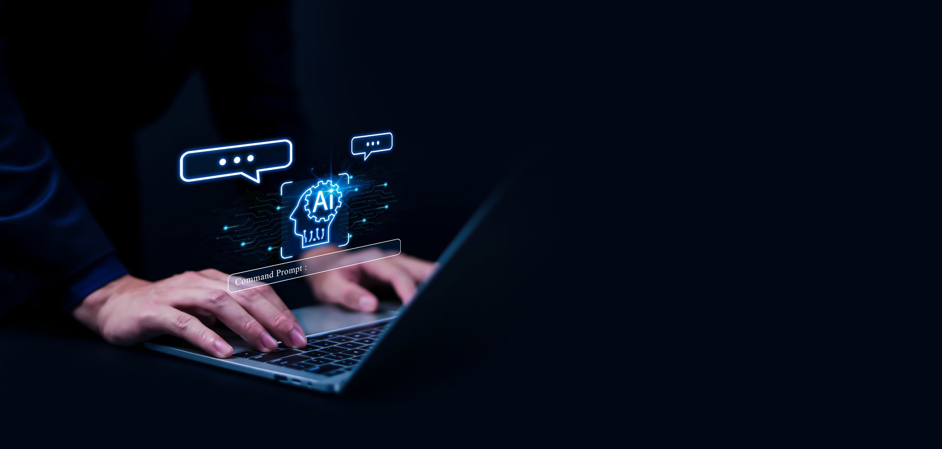 Man using laptop to chat with AI Chatbot Assistant or Artificial Intelligence Technology, Holographic Robot Application and Global Connectivity
