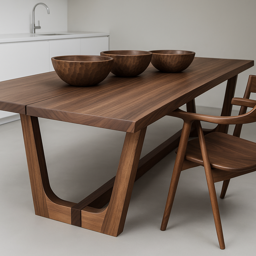 Mesa de comedor contemporánea en madera sólida con cubierta laminada de veta continua y base en marcos U invertidos