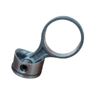 A metallic piston and connecting rod for an engine, isolated on a white background.