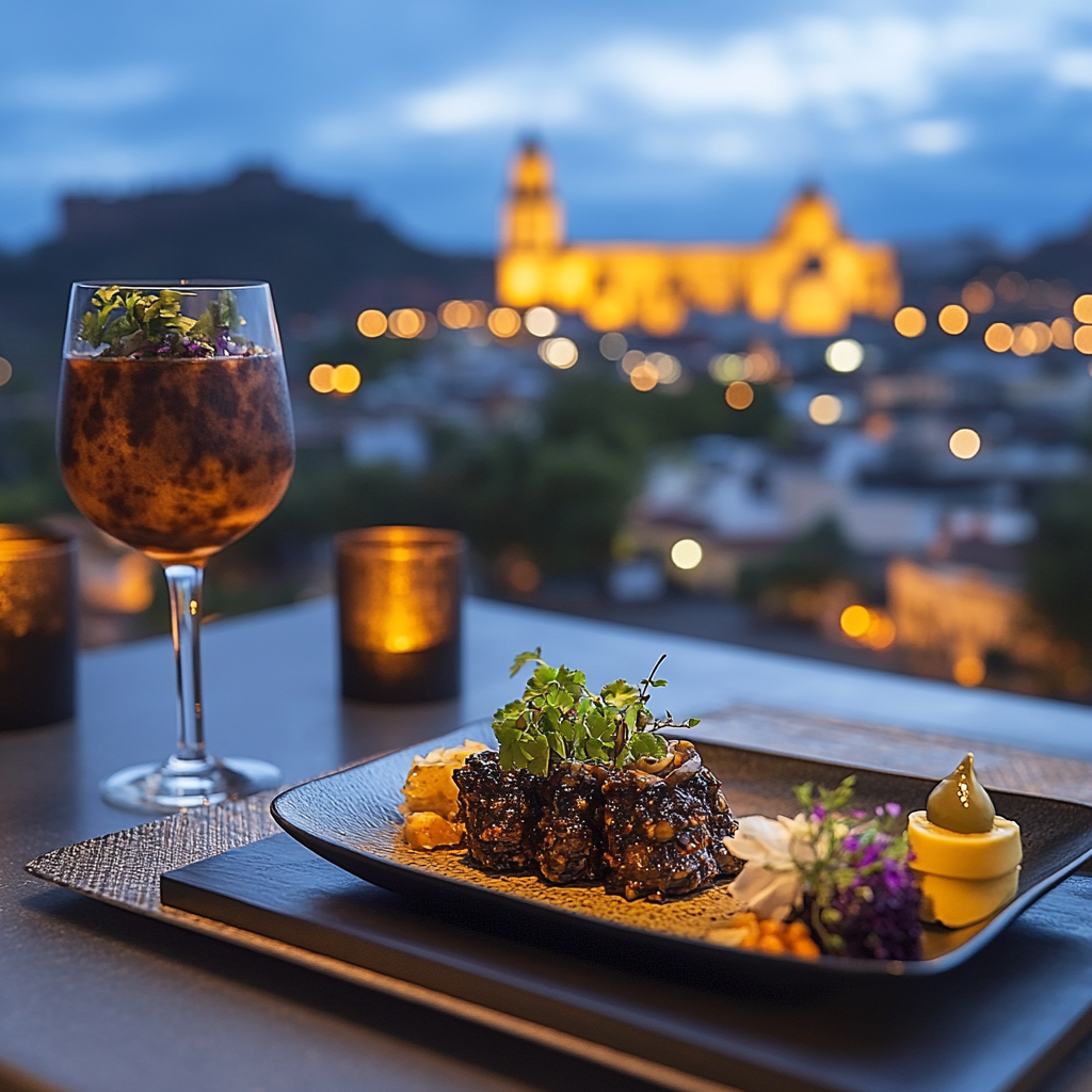 Gourmet meal with wine on a rooftop table, cityscape with illuminated buildings in the background.