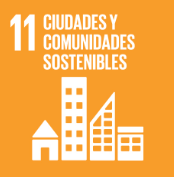 Icon for "Goal 11: Sustainable Cities and Communities" with white buildings on orange background.