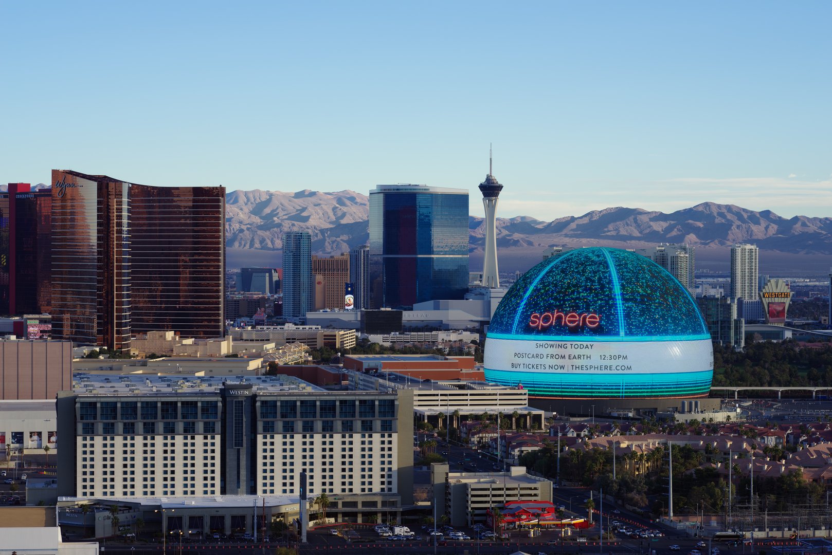 Las Vegas cityscape, including The Sphere, shown early in the morning.