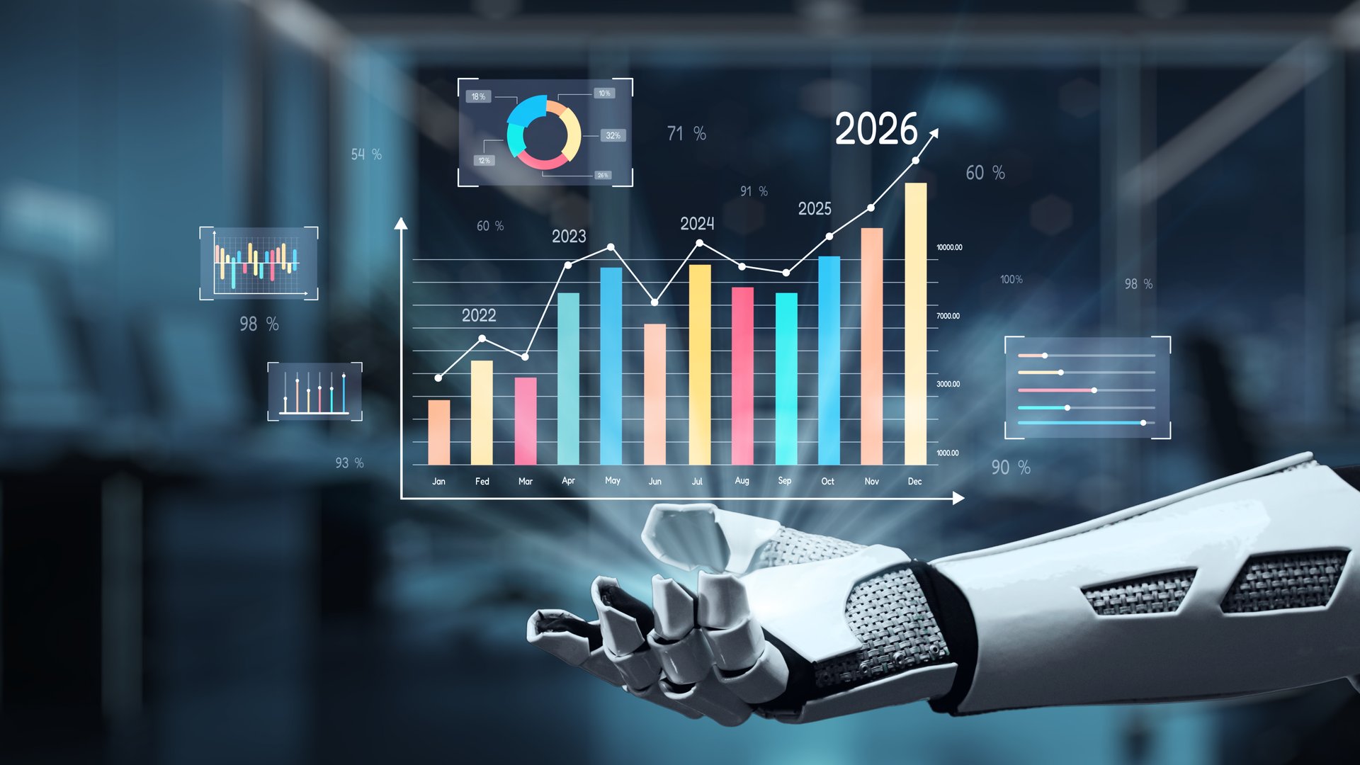 A robotic arm demonstrates advanced data visualization with dynamic graphs and charts in a sleek office setting, showcasing modern analytics techniques and insights. Auvana