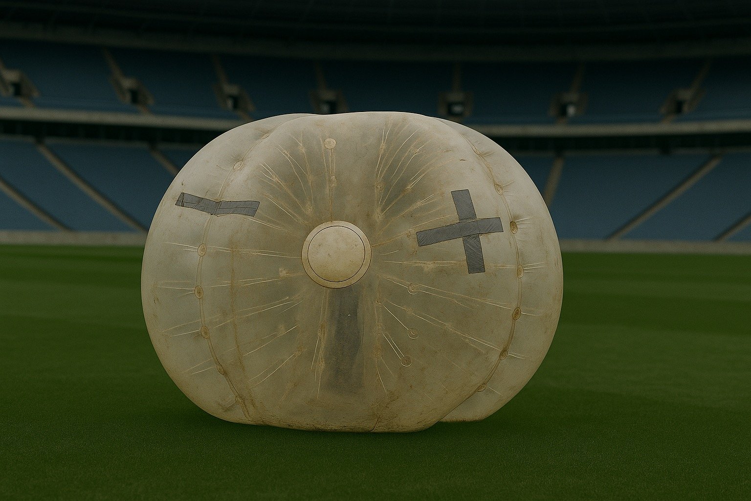 Old worn bubble football equipment from competitors