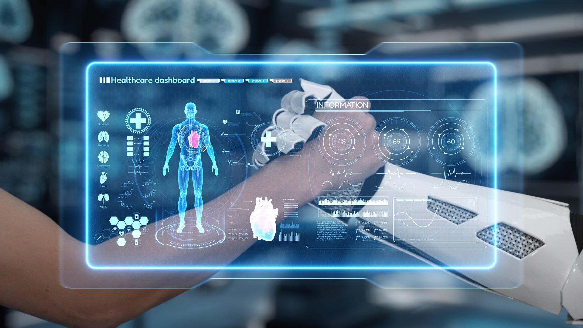 Close up of robot hand and human hand shaking hand with human anatomy hologram. AI and human working together or making agreement with x ray holographic floating with blurring laboratory. Salubrious.