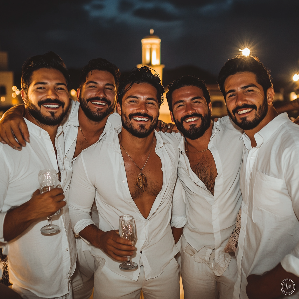 Five smiling men in white outfits pose together, holding drinks, under a night sky with city lights in the background.