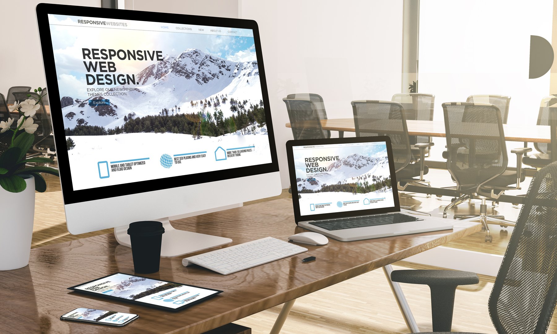 devices at modern office 3d rendering showing responsive web design website