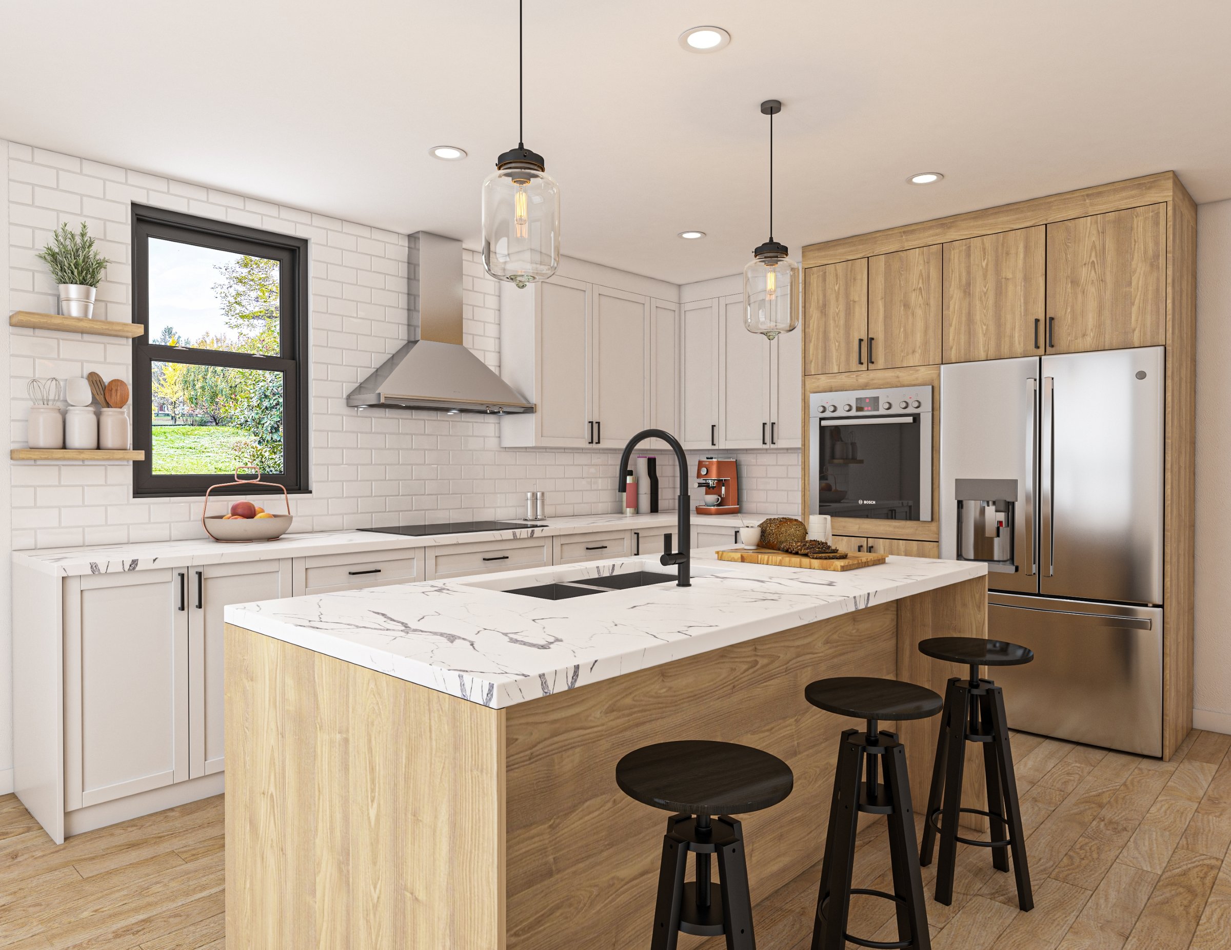 Beautifully designed bright kitchen featuring a marble countertops island, contemporary cabinetry, and modern appliances, perfect for an elegant and functional cooking space.