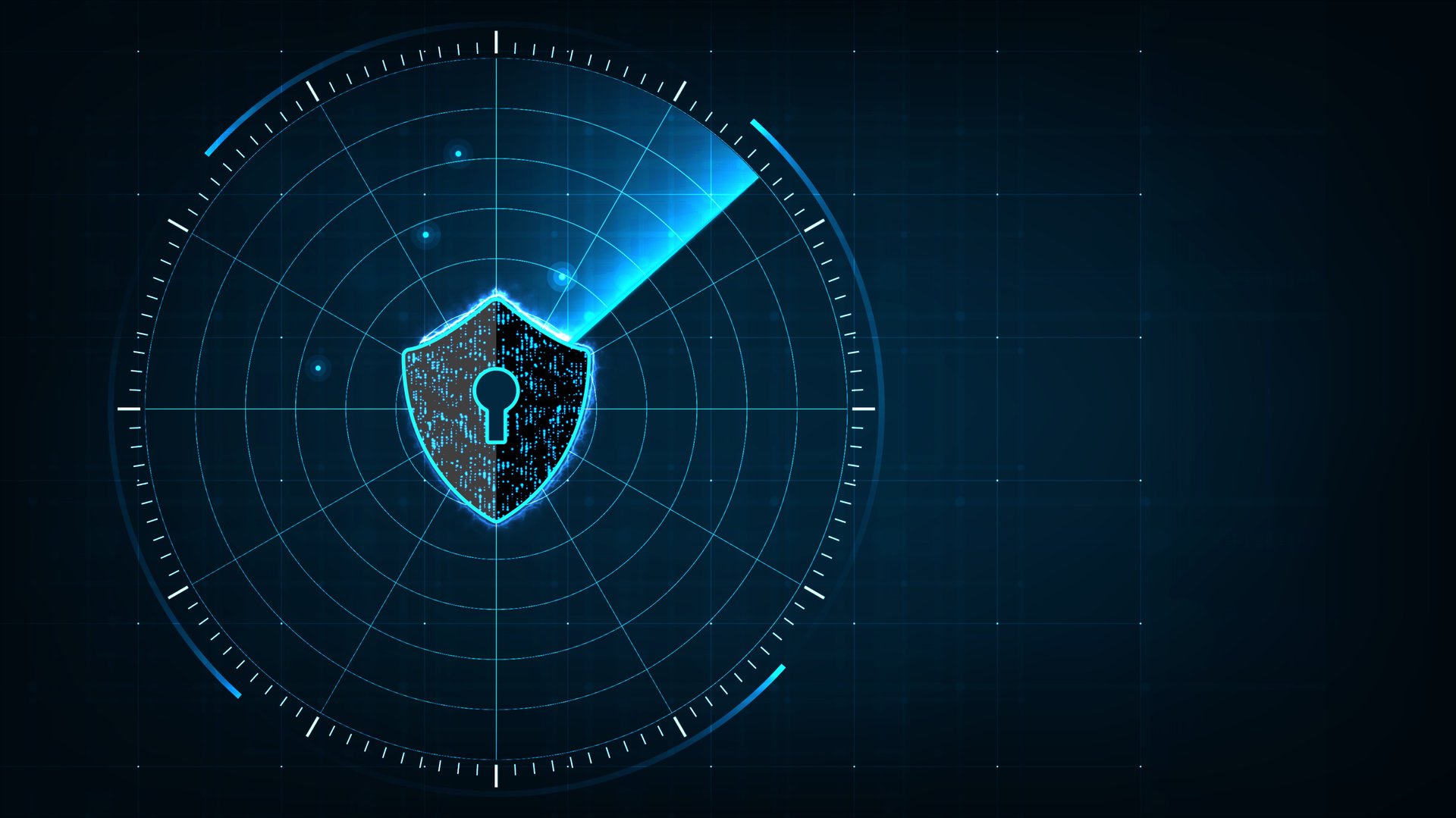 Internet technology cyber security concept of protect and scan computer virus attack  with Shield icon on digital blue realistic radar with targets on monitor in searching background.