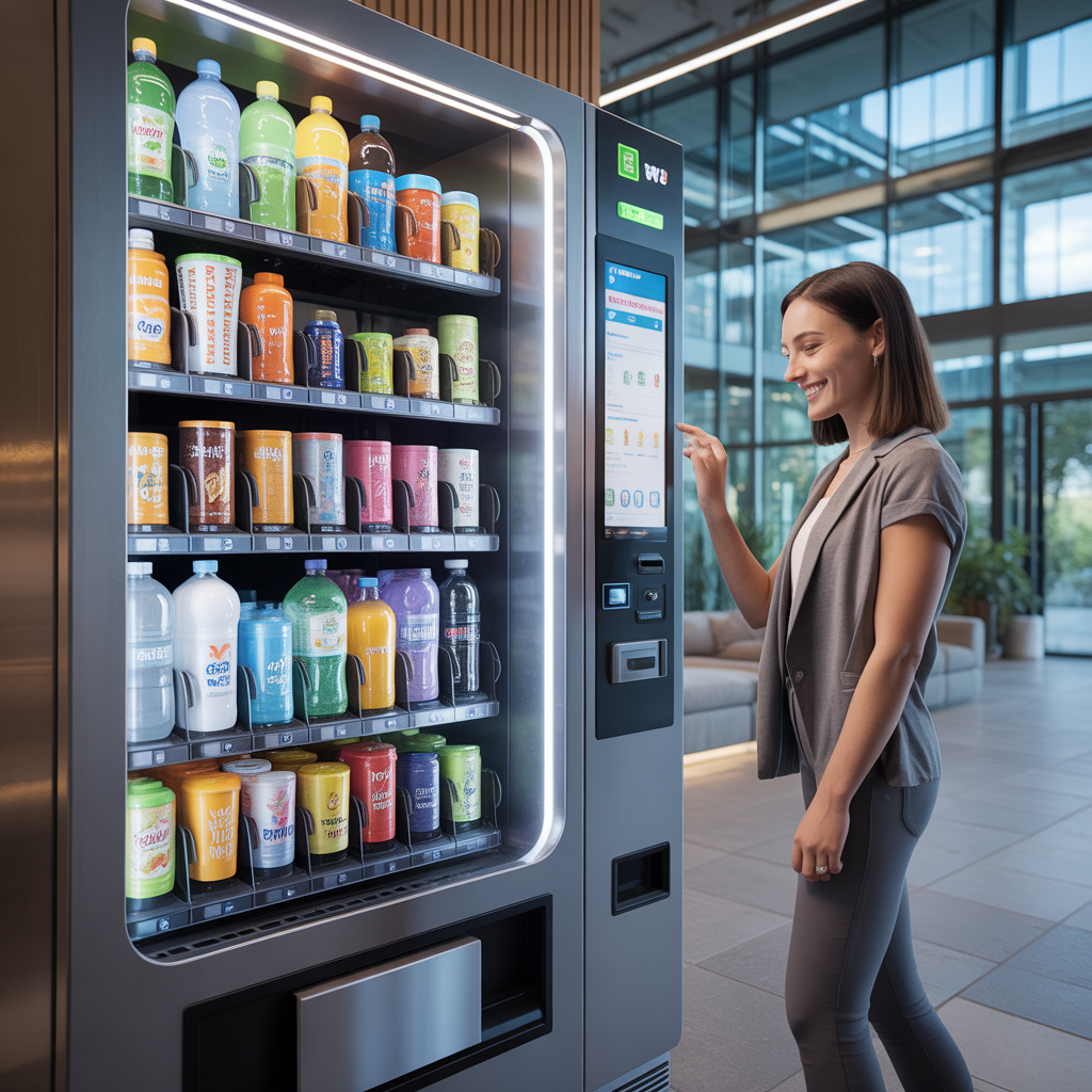Modern vending machine fully stocked with snacks and drinks