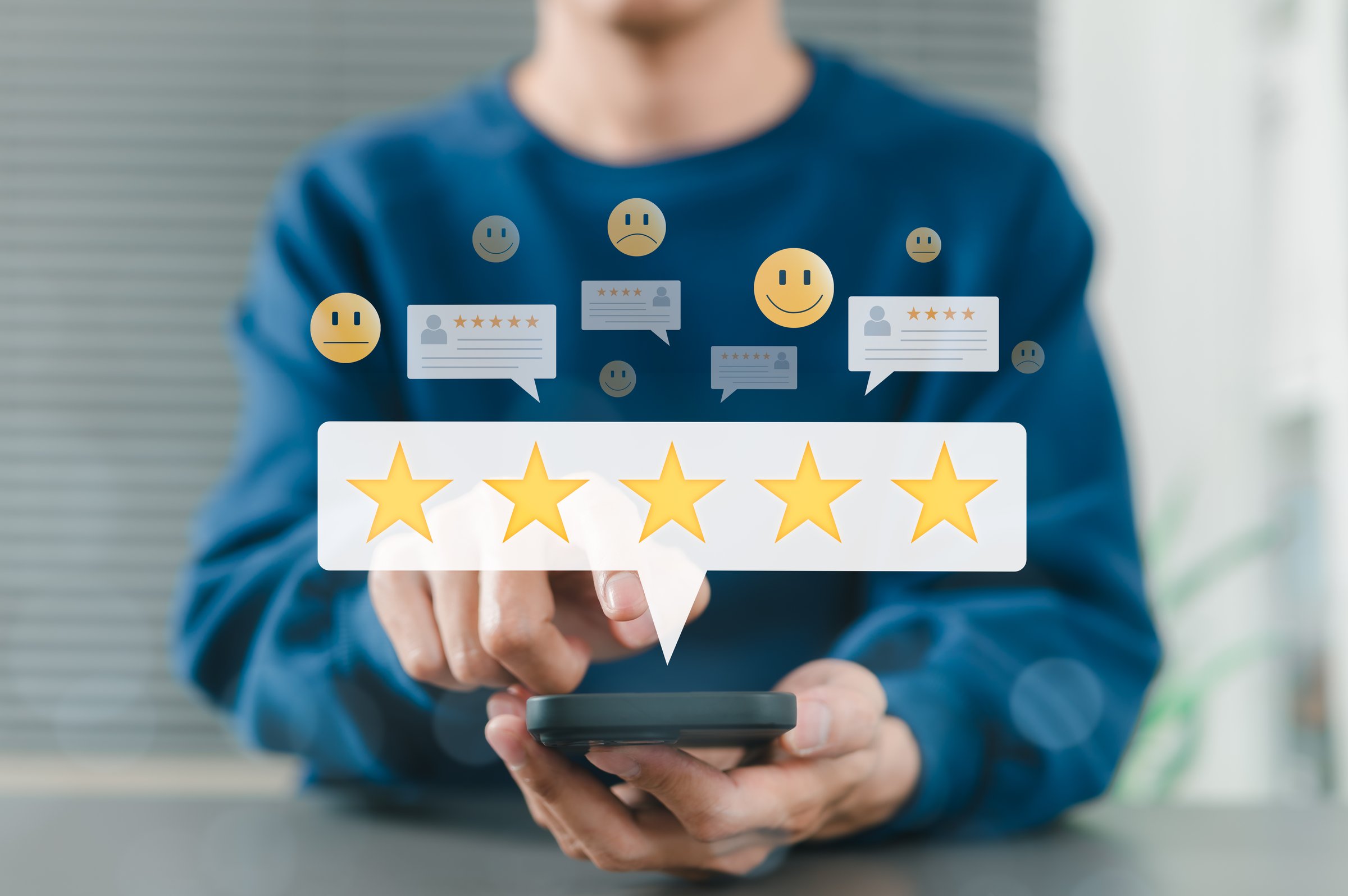 Customer review satisfaction feedback concept. Man using smartphone give five star rating, with review icons, emoticons, speech bubbles, online customer feedback, satisfaction, and user experience.