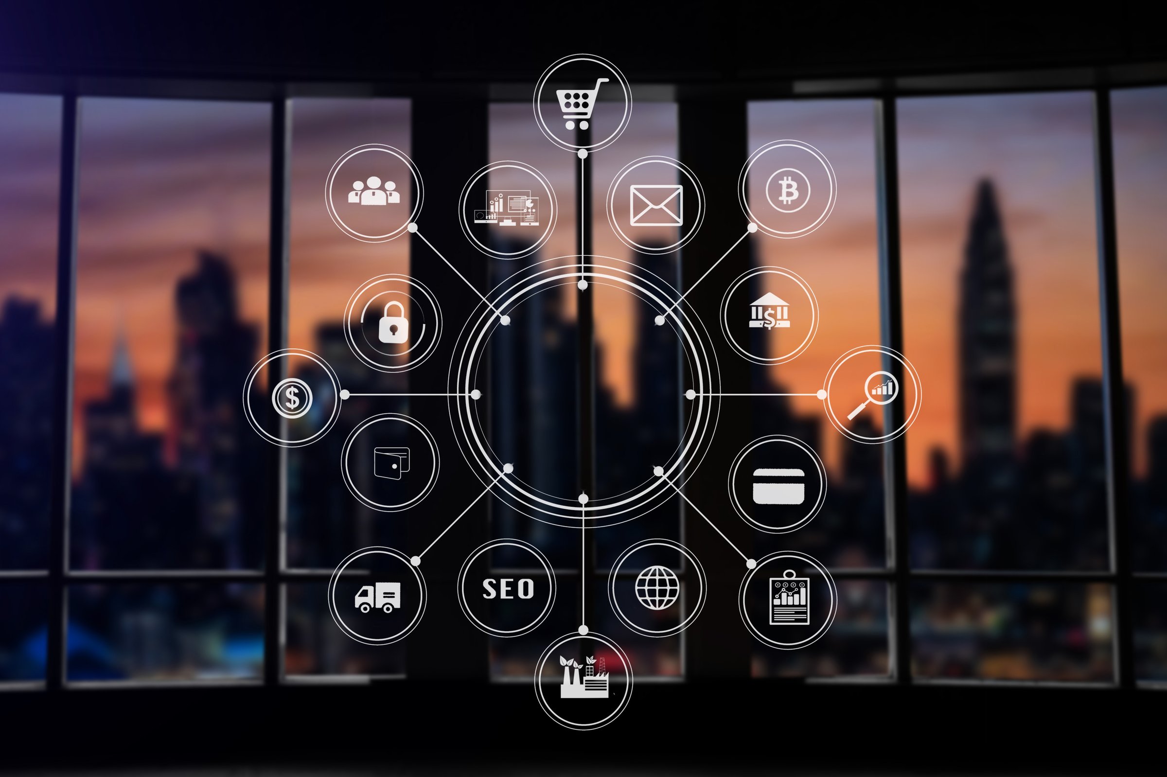 Smart city data Management Platform with virtual interface graphic icons concept