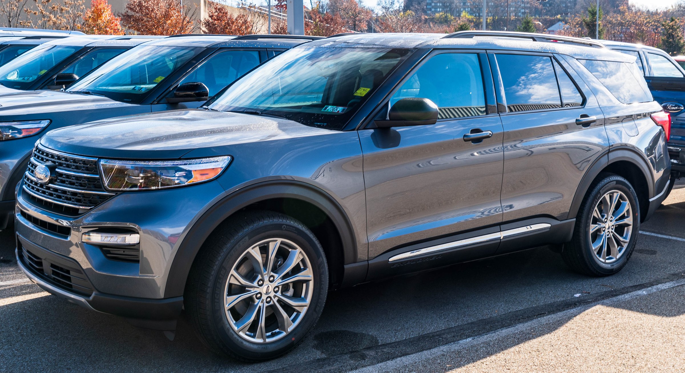 Monroeville, Pennsylvania, USA November 12, 2023 A Ford Explorer SUV for sale at a dealership on a sunny fall day