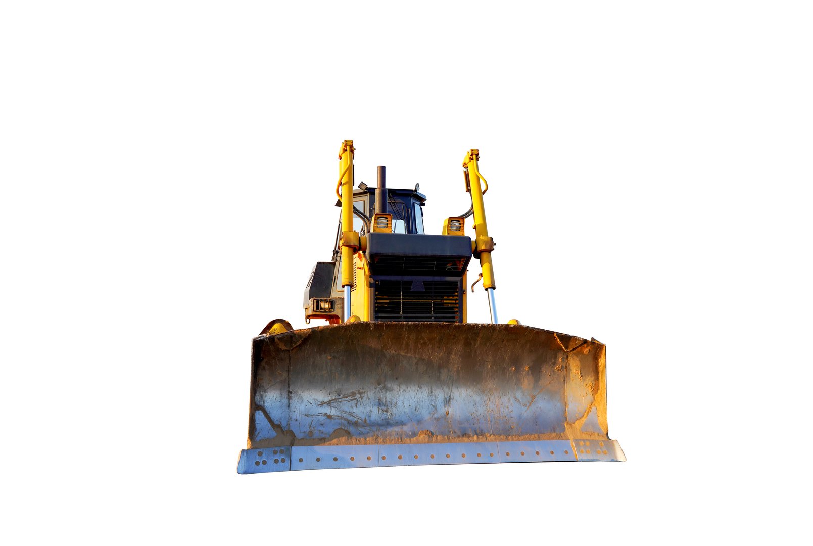 Dozer isolated on white. Earth-moving machinery. Bulldozer isolated on white background. Earth-moving equipment at road work, land clearing, grading, pool excavation, utility trenching.