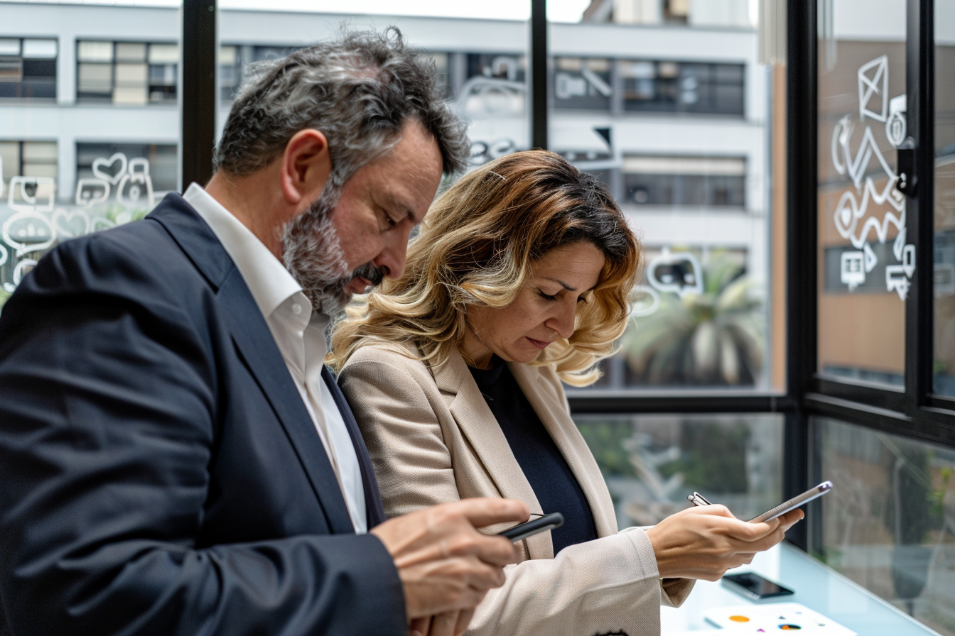 Two business professionals focused on their smartphones in a modern office with large windows.