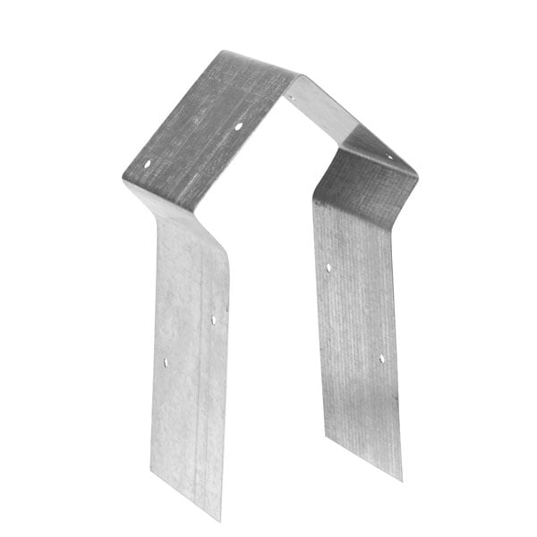 A metallic joist hanger with multiple holes for screws, designed for securing wood beams in construction applications.