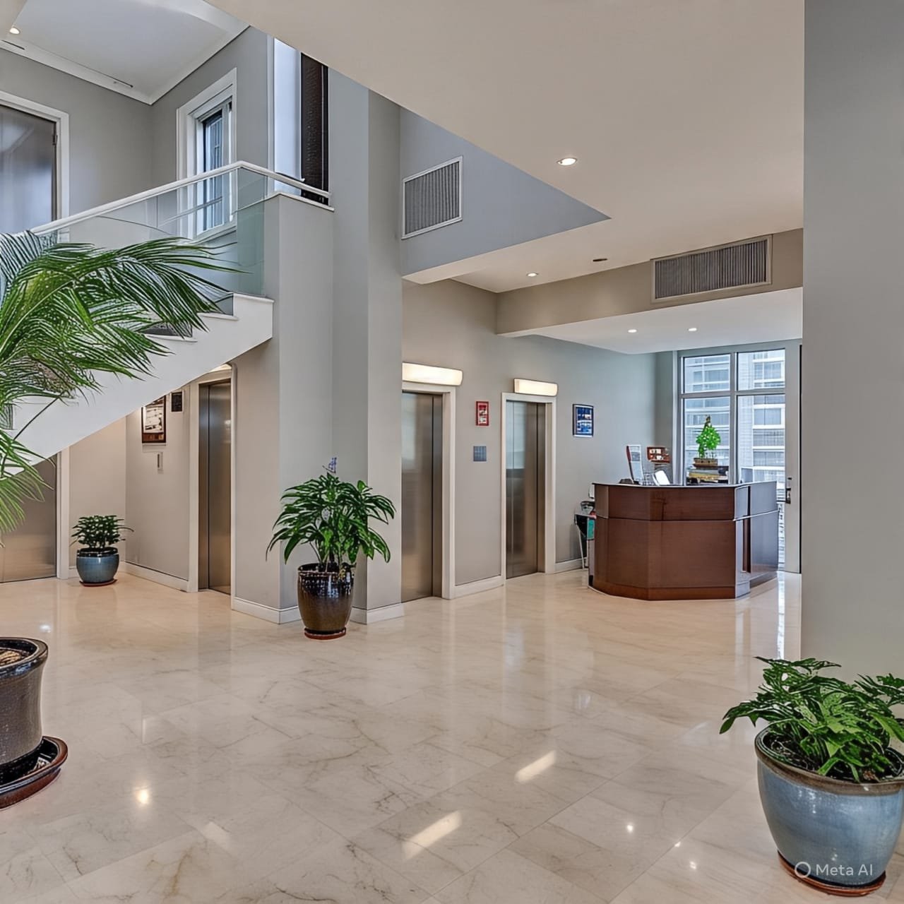 Modern lobby with marble flooring, potted plants, elevators, and a wooden reception desk.