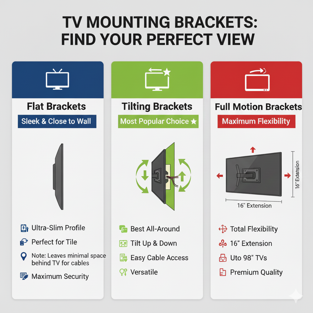 Professional TV mounting installation with various mount types