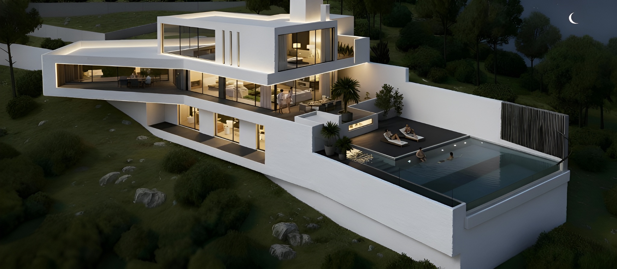 Villa Arcadia at night with illuminated architecture and luxury features