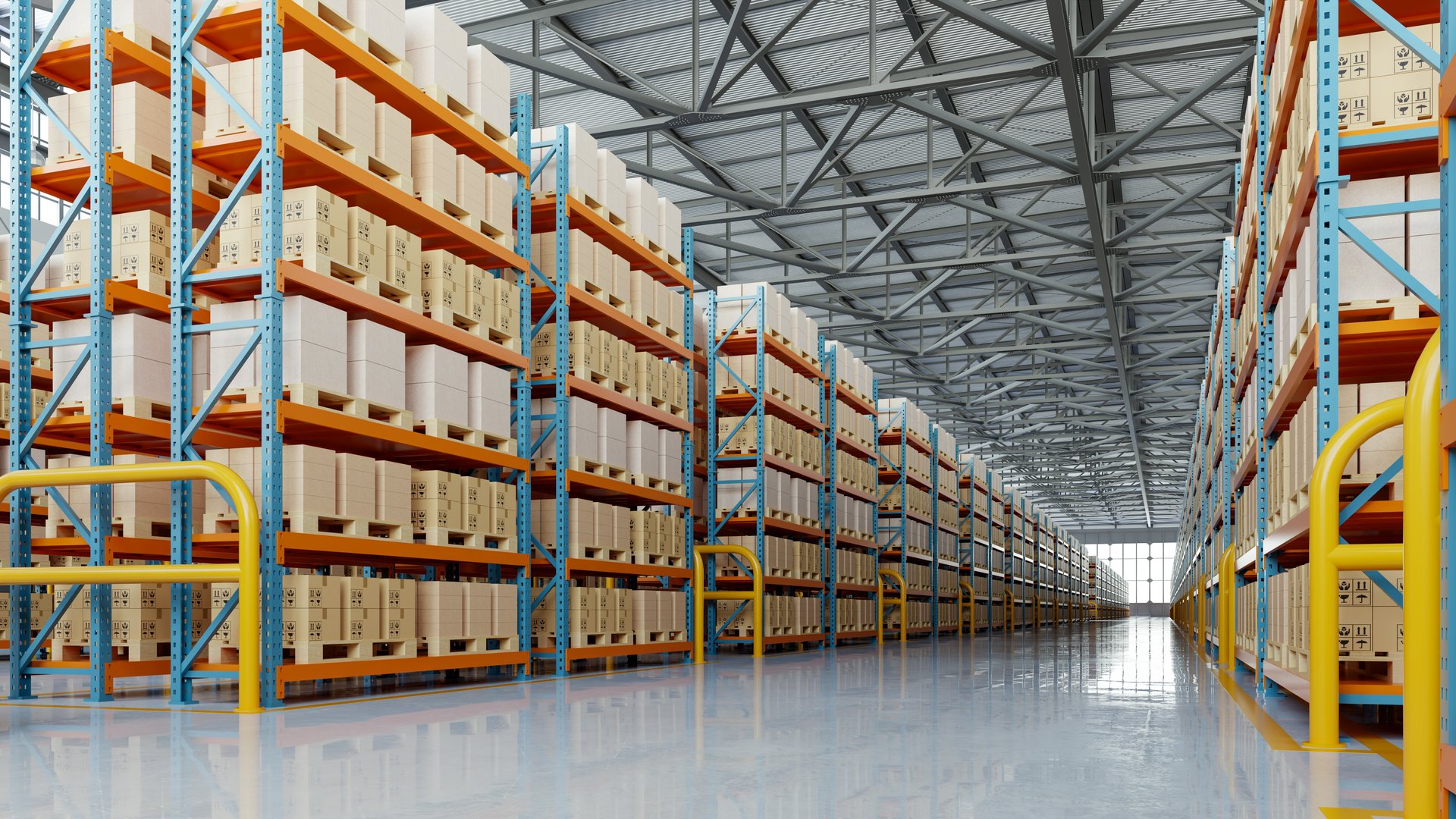 Modern warehouse interior with tall storage racks filled with cardboard boxes. Clean industrial space designed for logistics, inventory management, distribution center, and supply chain operations- 3D rendering