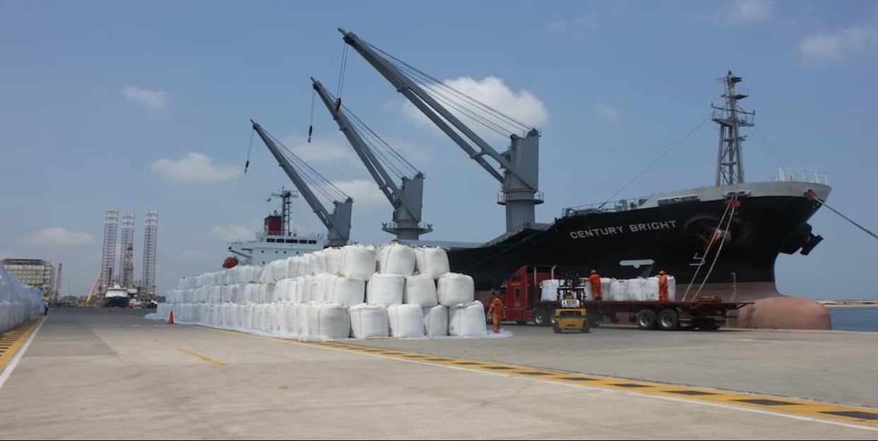 A cargo ship named Century Bright docked at a port, with cranes unloading white cargo bags onto the dock.
