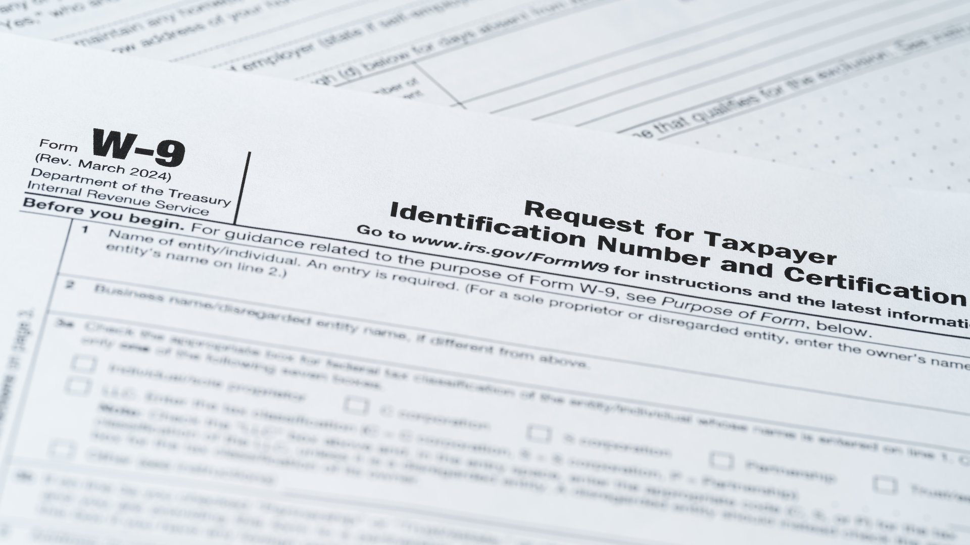 W9 Tax Form, IRS Taxpayer Identification, Federal Document, Paper Close-Up