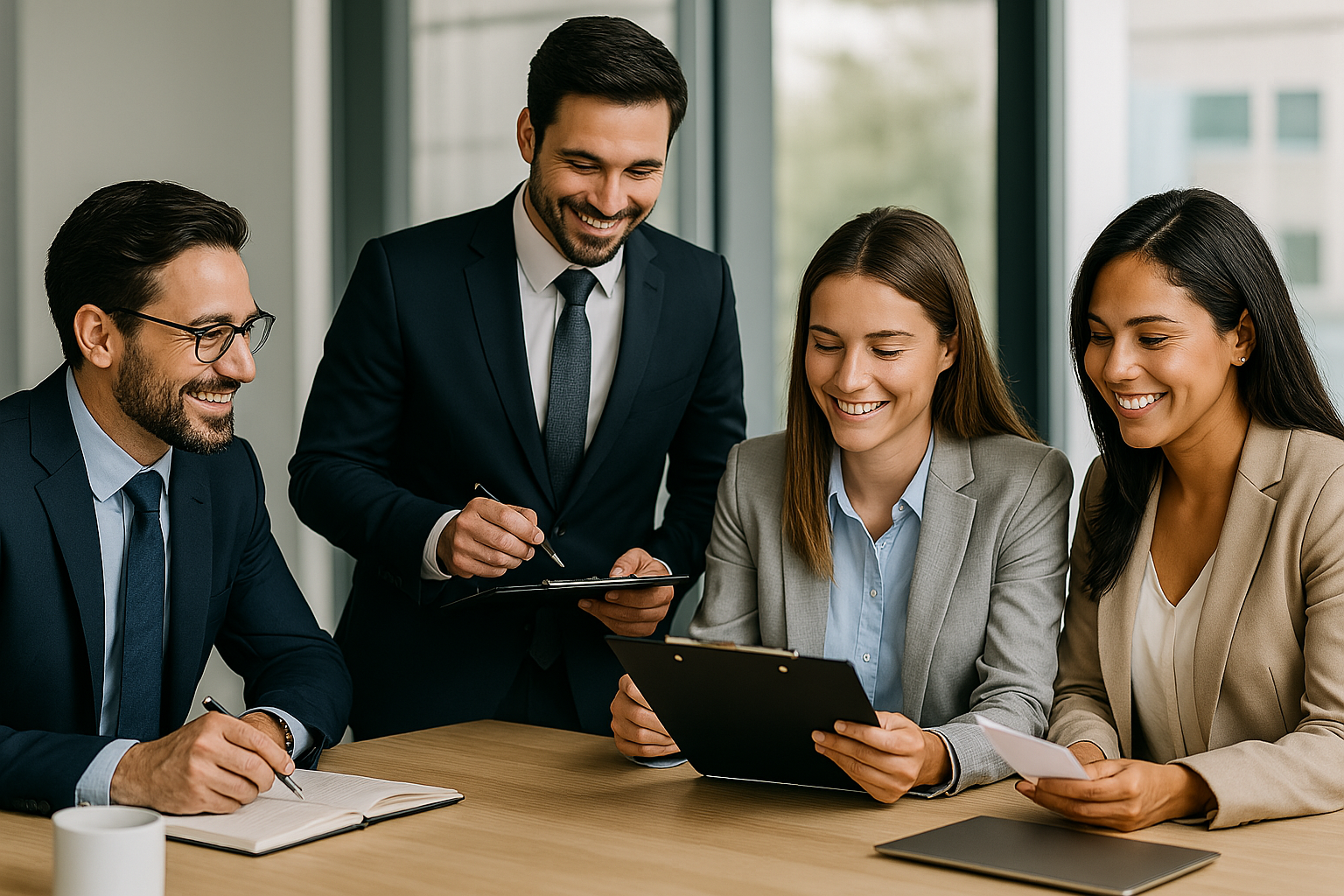 Group of business people in a meeting, smiling and reviewing documents at a conference table in a modern office.