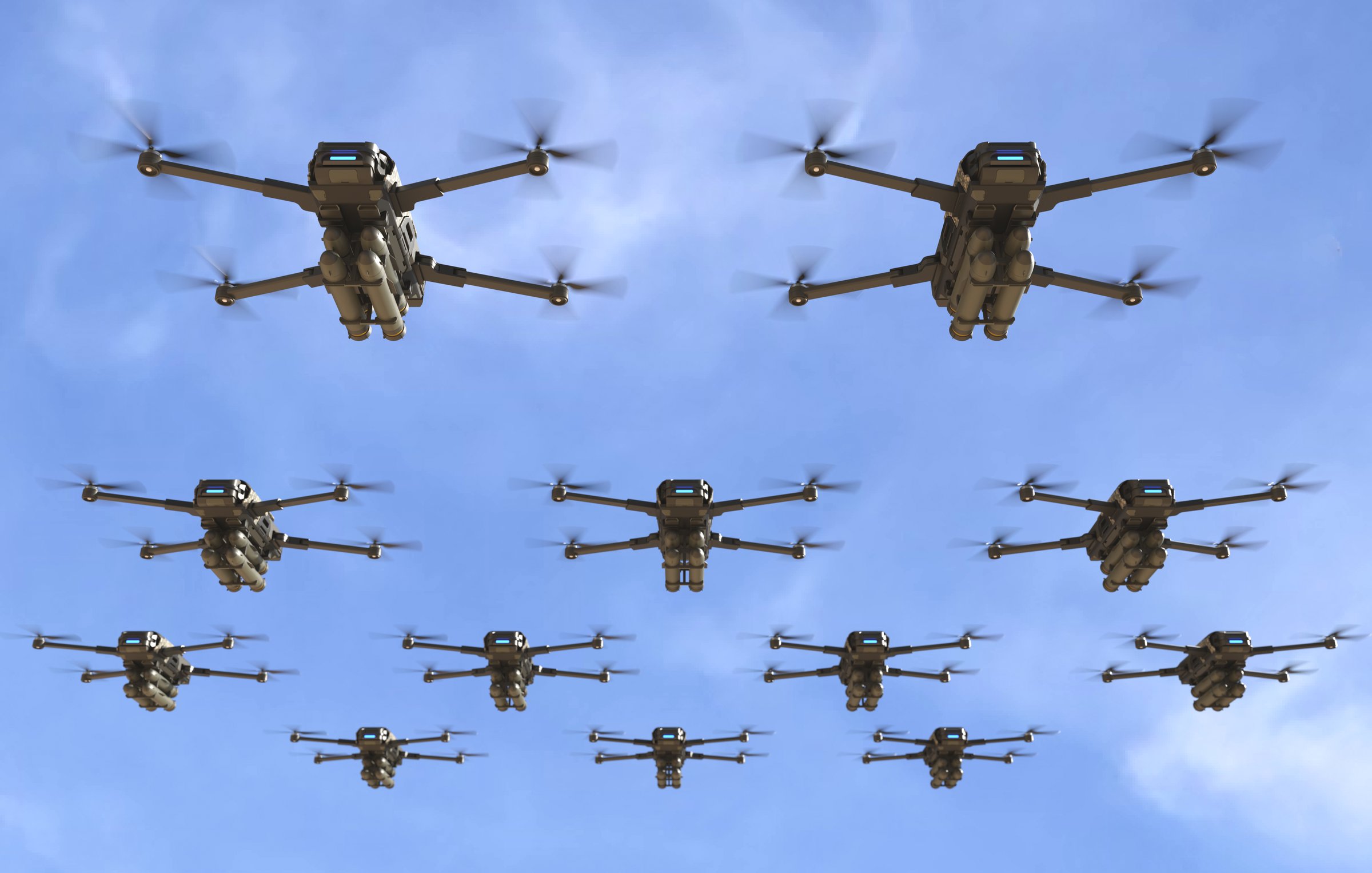 Military drones fly and fire missiles in a war zone, Future war with drone. 3D illustration