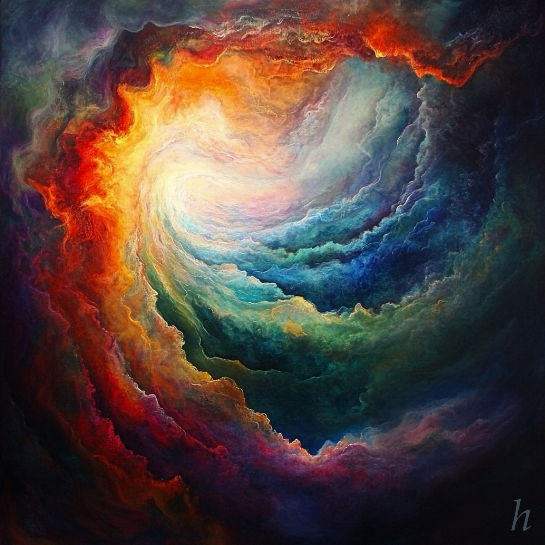 Vibrant abstract painting of a swirling vortex with bright red, orange, blue, and green hues blending dynamically.