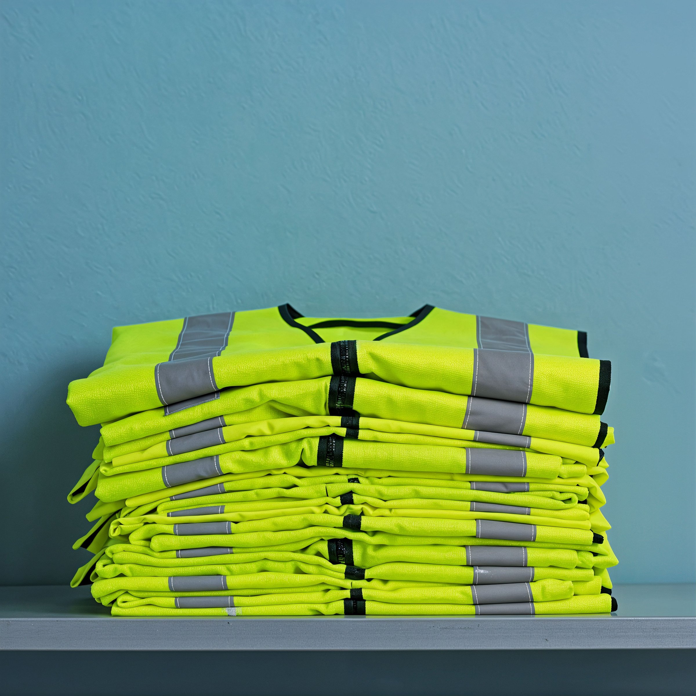 Stack of high-visibility reflective safety vests folded on a shelf