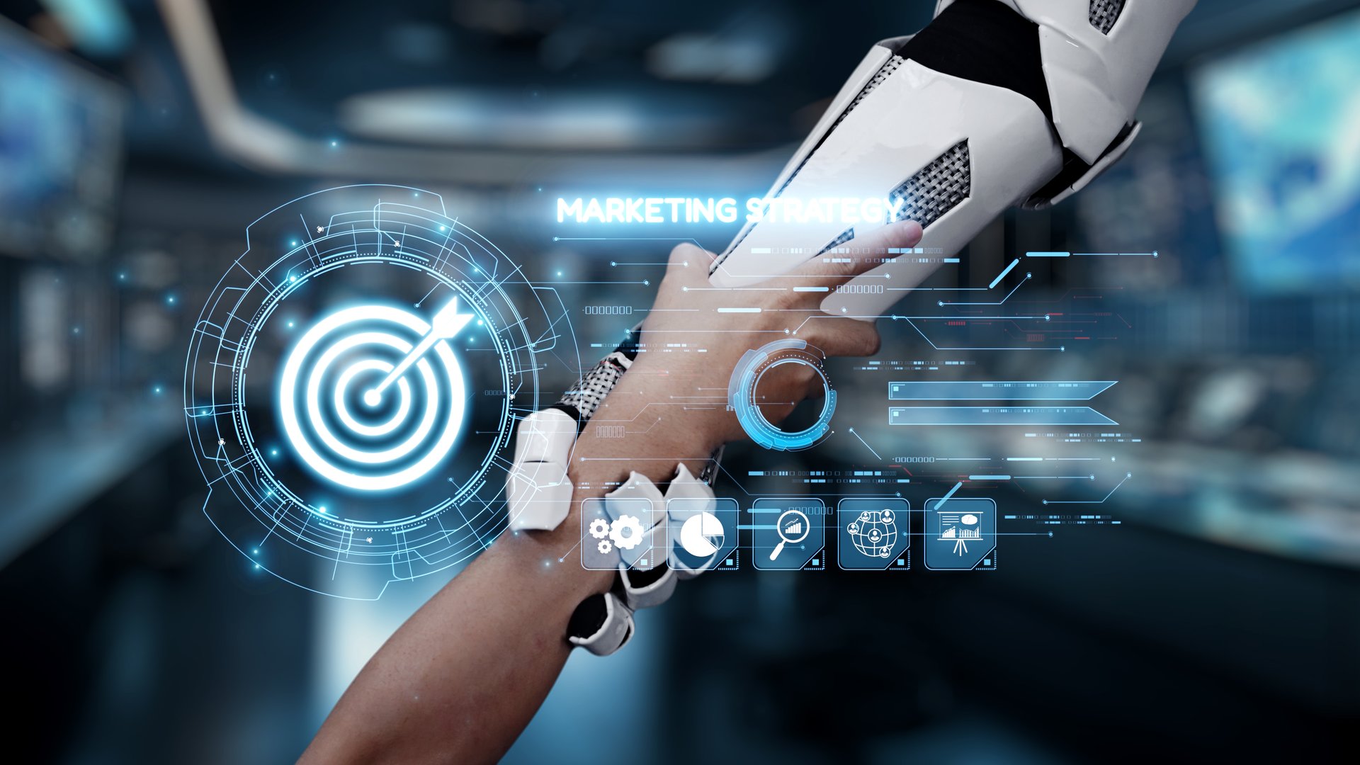 A sophisticated robotic arm interacts with visual data in a modern workspace, highlighting the convergence of technology and marketing strategy in contemporary business practices. Auvana