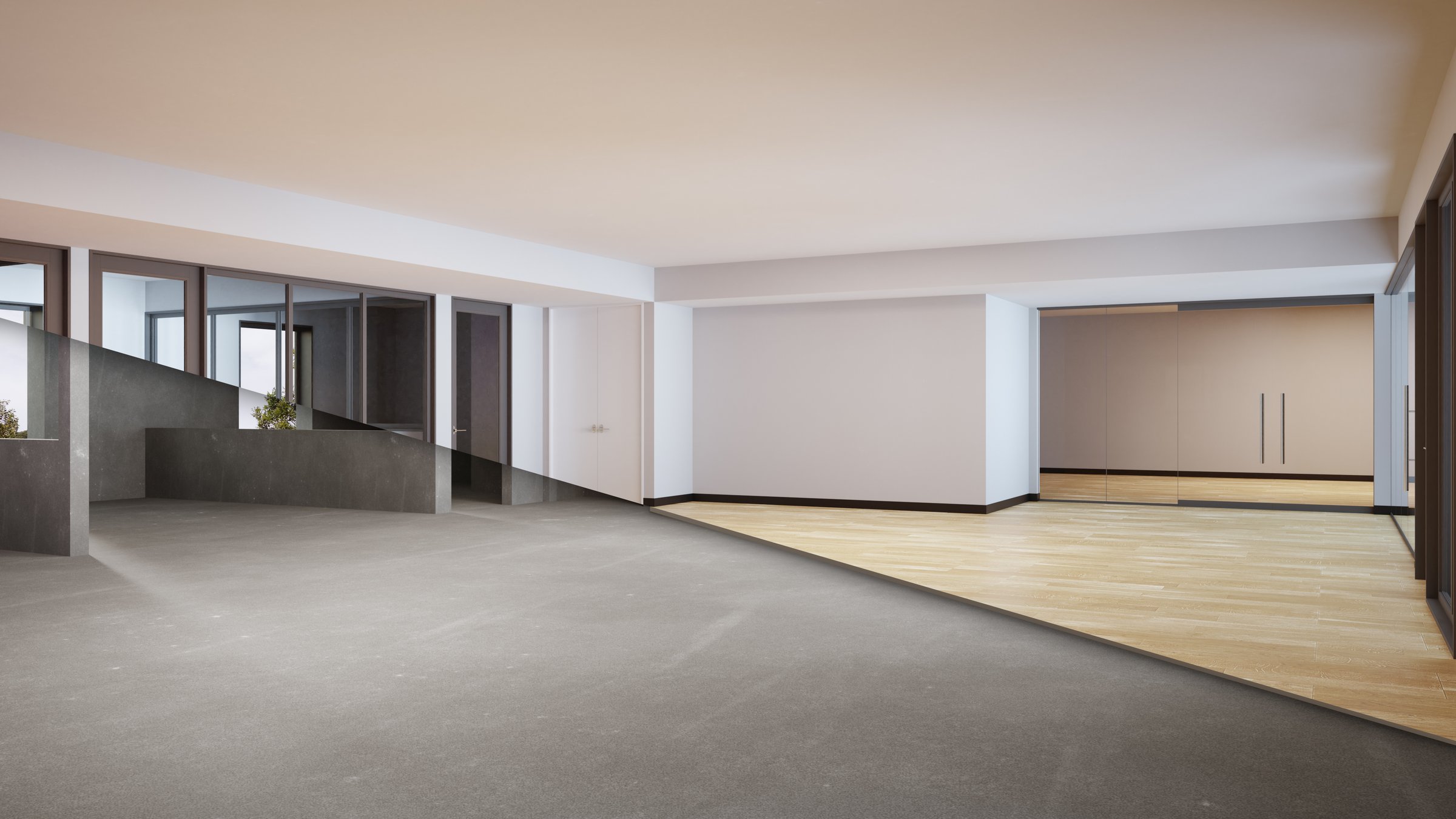 Wooden parquet floor empty room and white wall with black skirting board.
