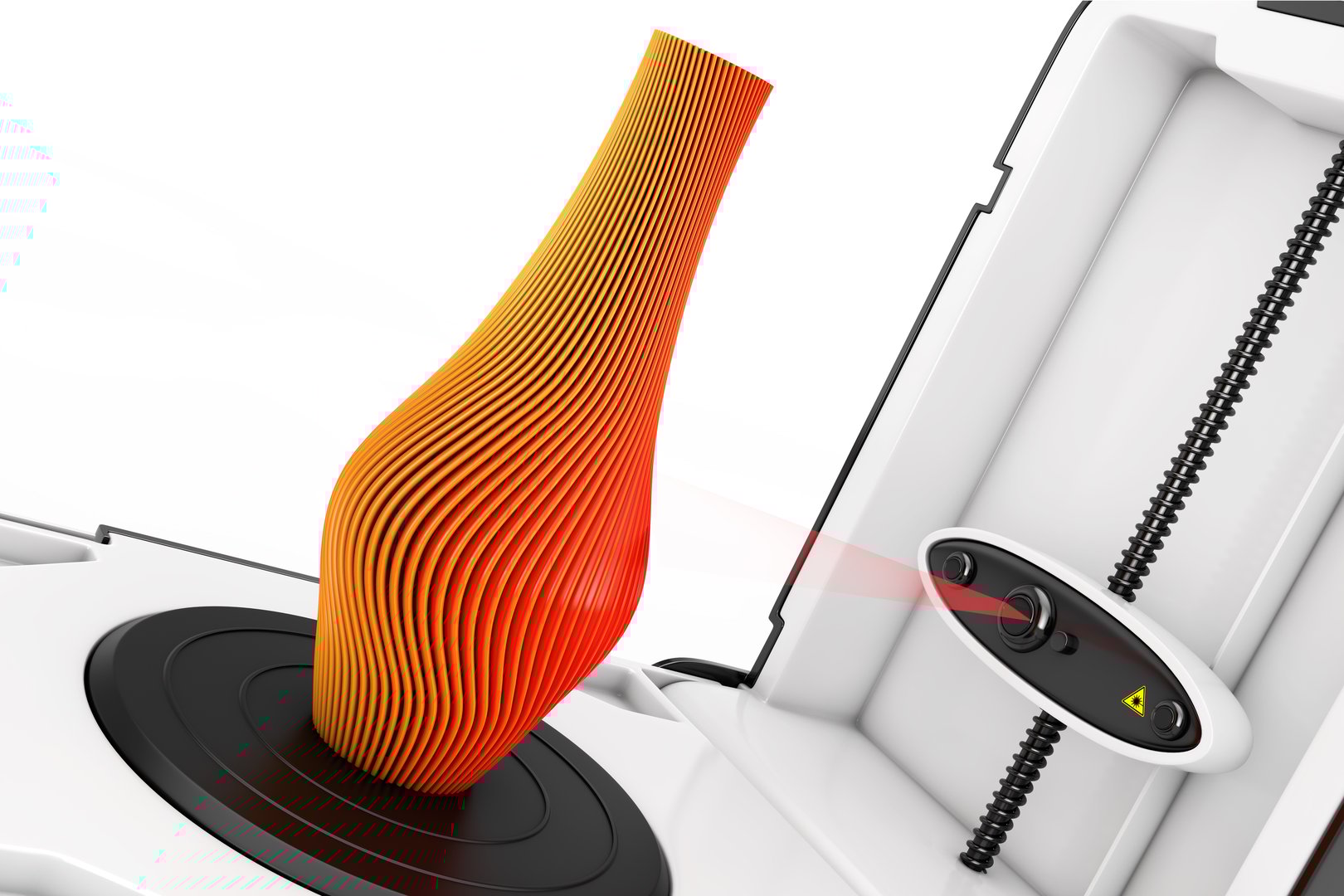 Free Standing Modern Desktop Home 3D Scanner Scanning Abstract Modern Orange Wave Shape Wase on a white background. 3d Rendering
