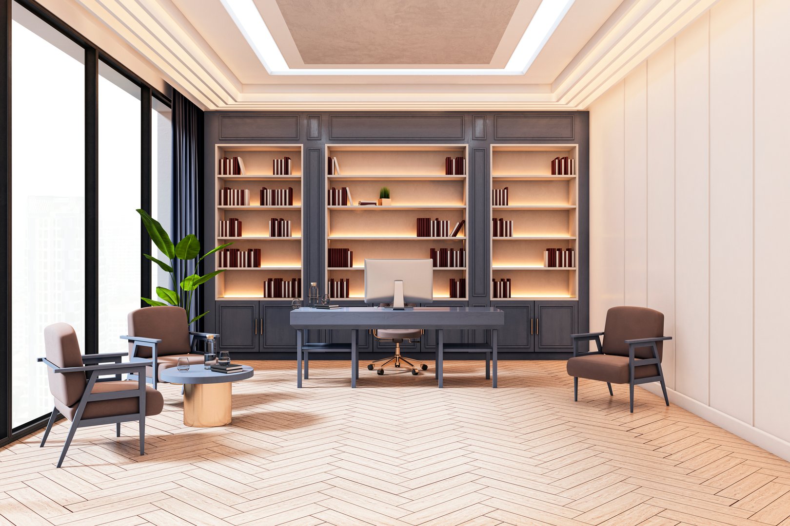Empty executive office room with sleek modern furniture, warm lighting, and wood herringbone flooring, set against a clean upscale interior. 3D Rendering