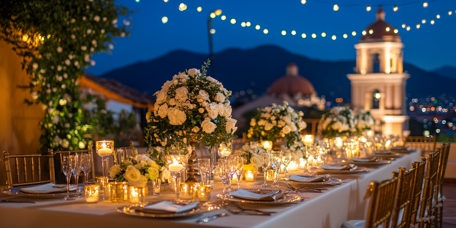 Elegant rooftop evening wedding reception with floral centerpieces, string lights, and a view of a lit tower and mountains.