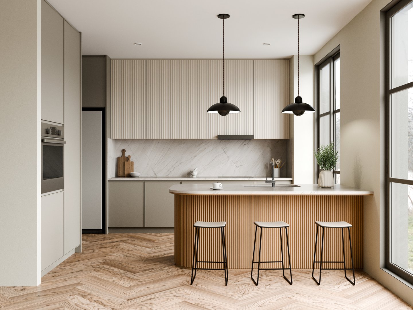 Modern Minimalist Kitchen with Elegant Design Features, sleek cabinetry, and elegant pendant lighting. 3d render.