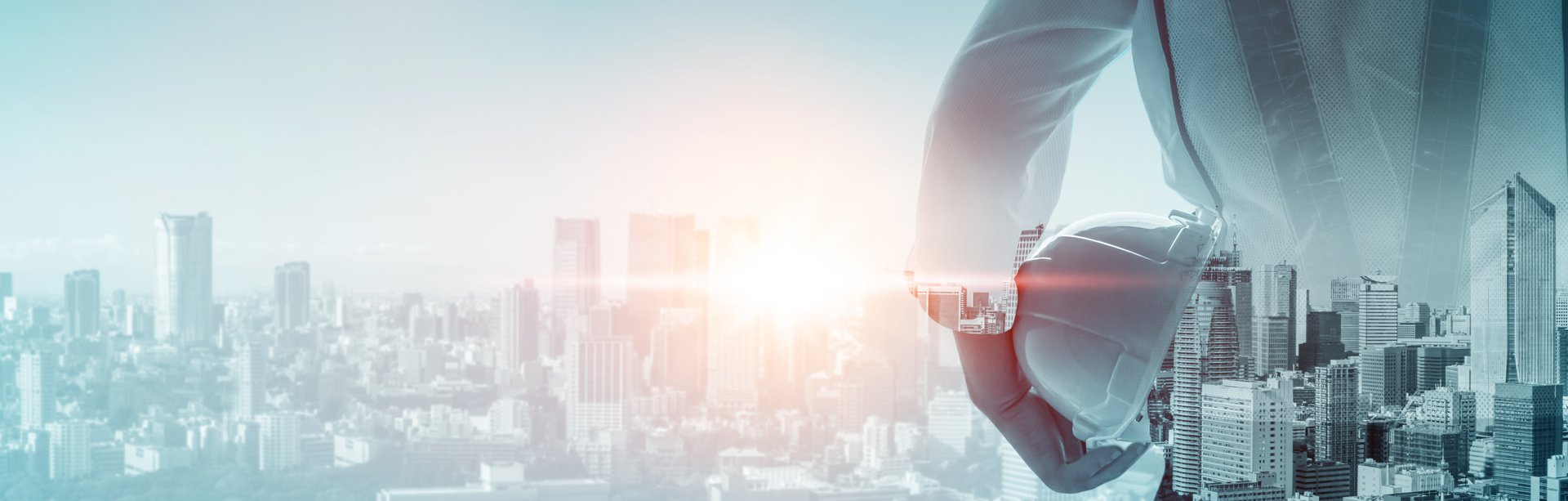 Future building construction engineering project concept with double exposure graphic design. Building engineer, architect people or construction worker working with modern civil equipment technology.