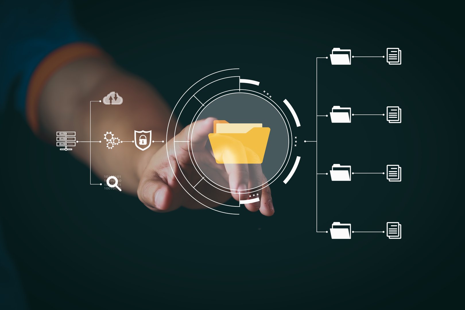 Digital hand pointing at file folder