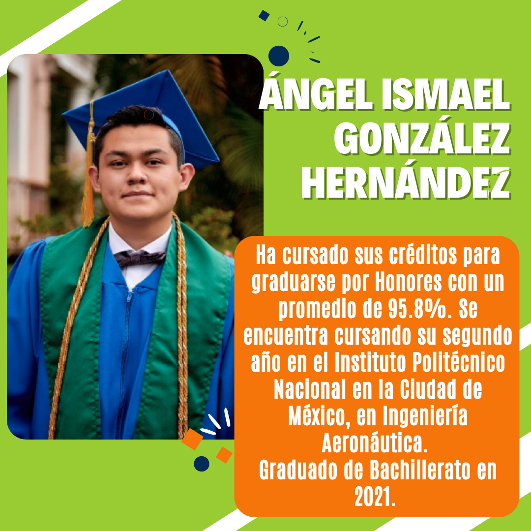 Young graduate in cap and gown with honors sash, green background, text detailing academic achievements.