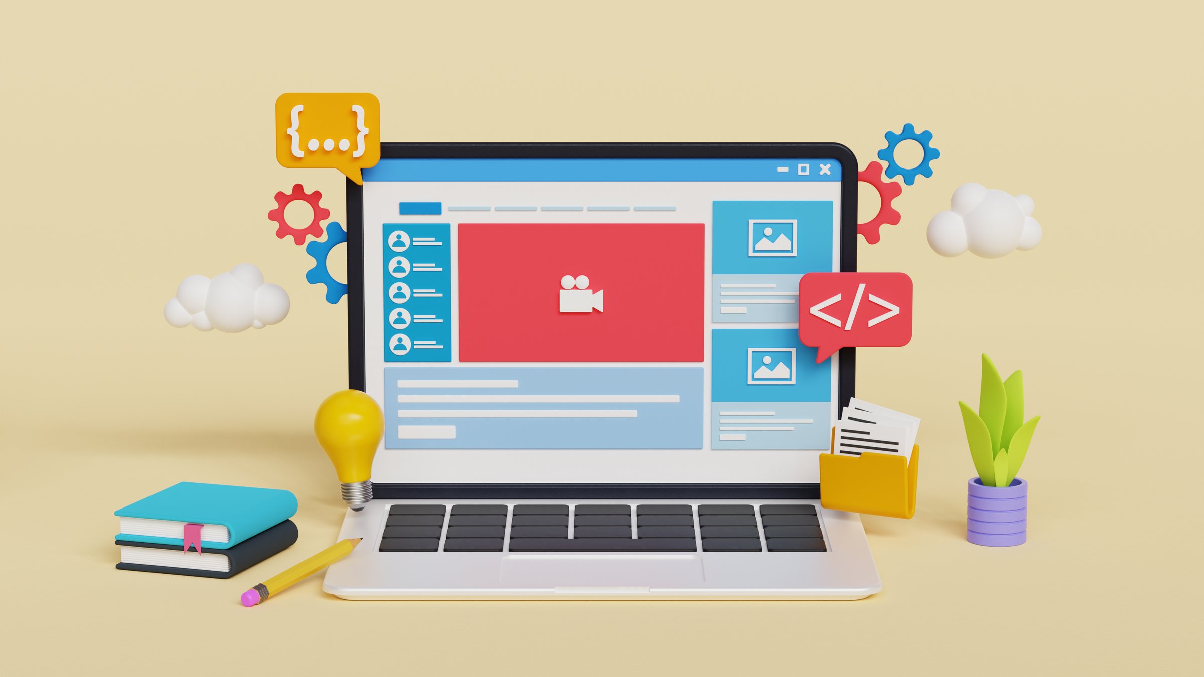 3D Web Development concept, Laptop with creative ideas for web and app design and development. 3d rendered illustration