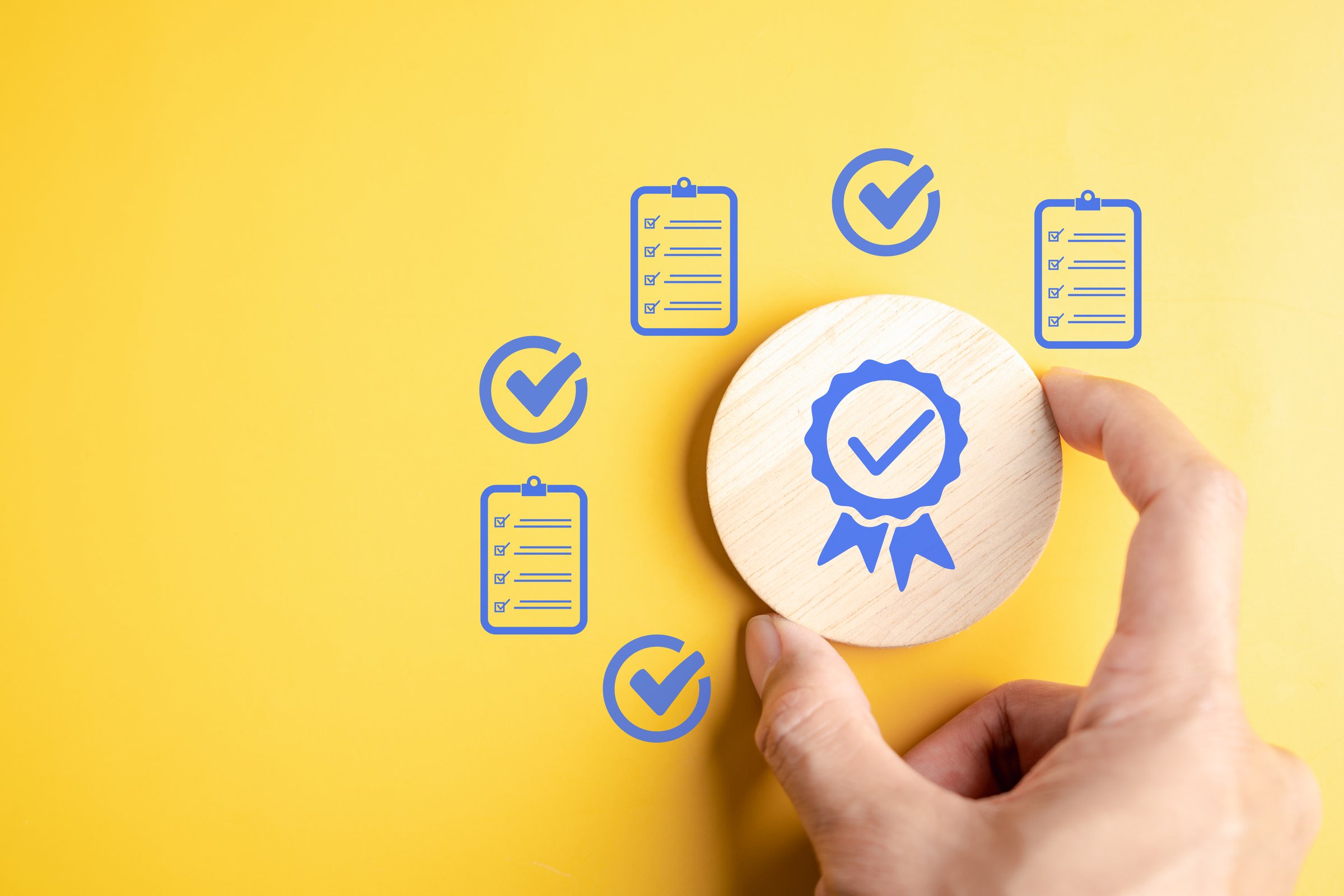 Compliance verification and quality assurance concept with approval certificate, checklist symbols, and document validation, representing audit, regulation, and standard certification in business.