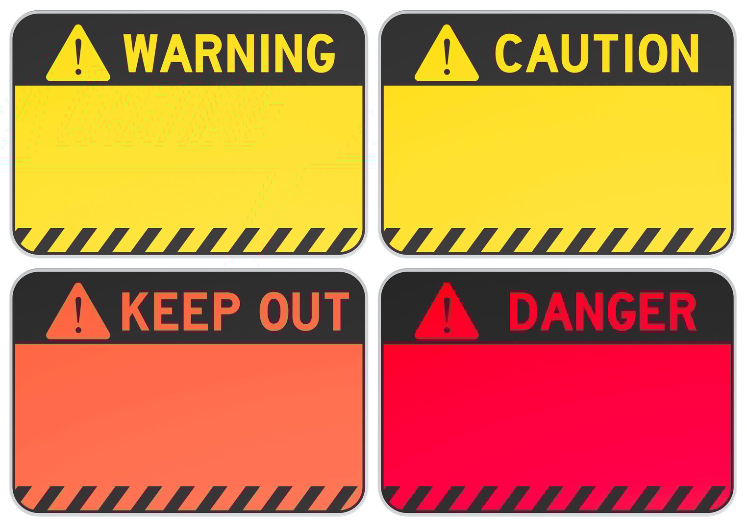 Warning, caution, keep out, danger signs or stickers. 3D rendering isolated on white background