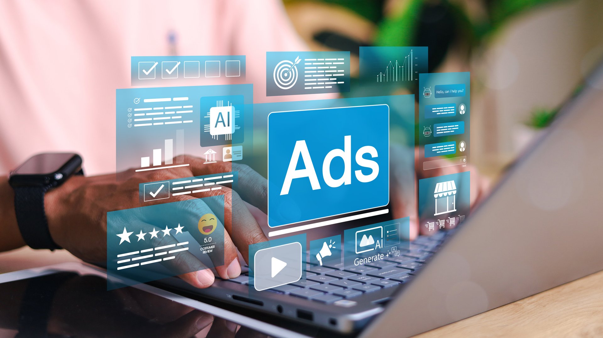 Digital advertising interface on laptop with AI-generated content, analytics charts, chatbot, and customer reviews. Concept of online marketing automation and targeting.