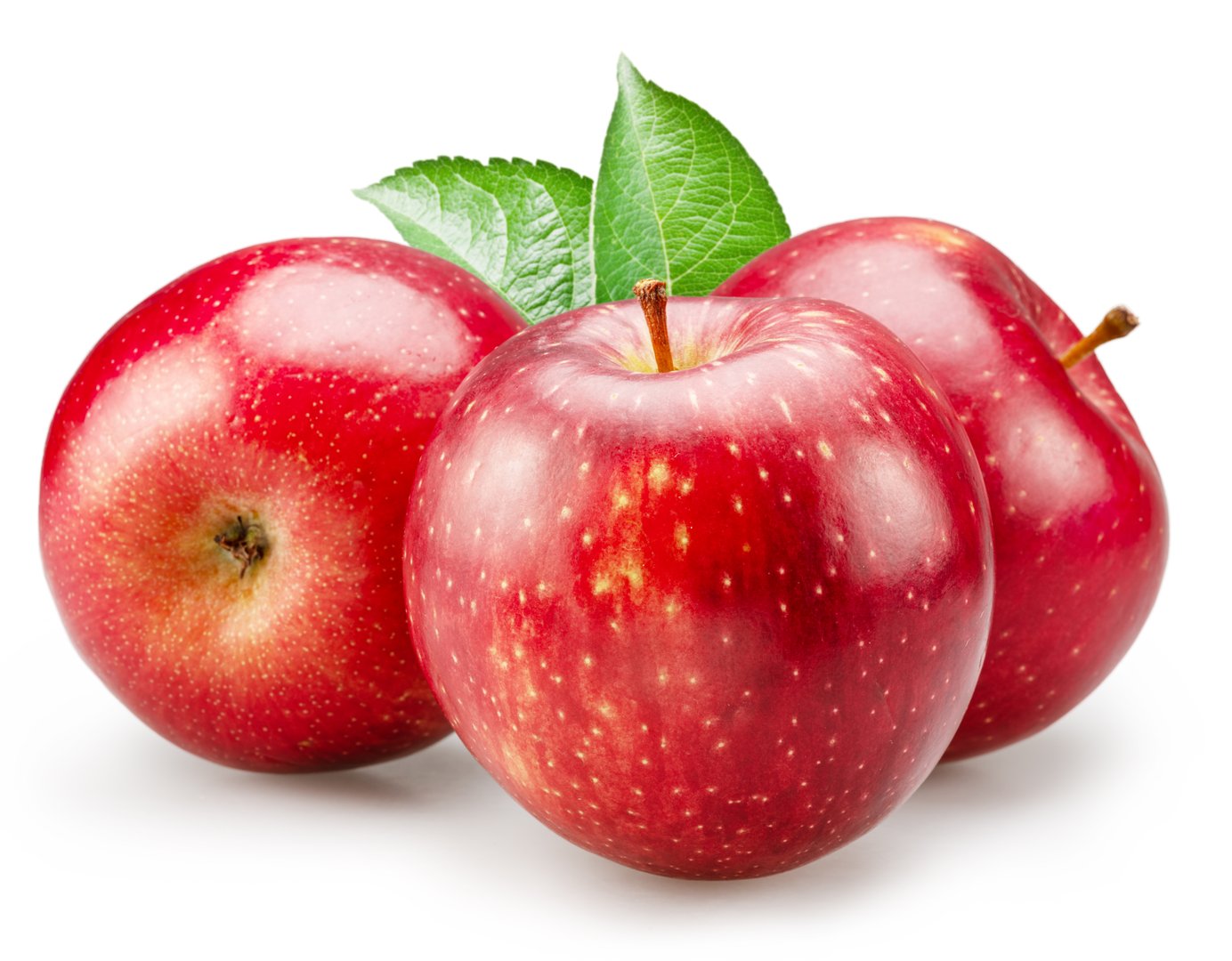 Ripe red apples with green apple leaves