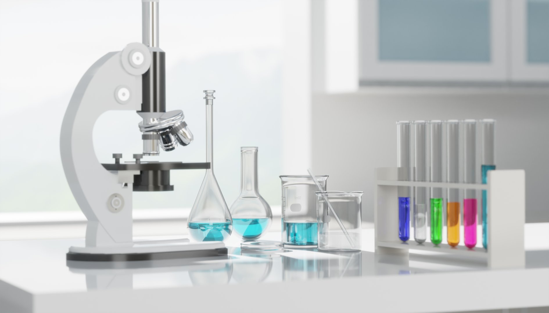 Microscope and laboratory glassware containing colorful liquids on table in modern laboratory setting, conducting scientific research. 3D rendering