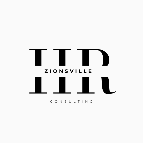Black text logo for "HR ZIONSVILLE CONSULTING" on a white background with stylized large letters "HR."