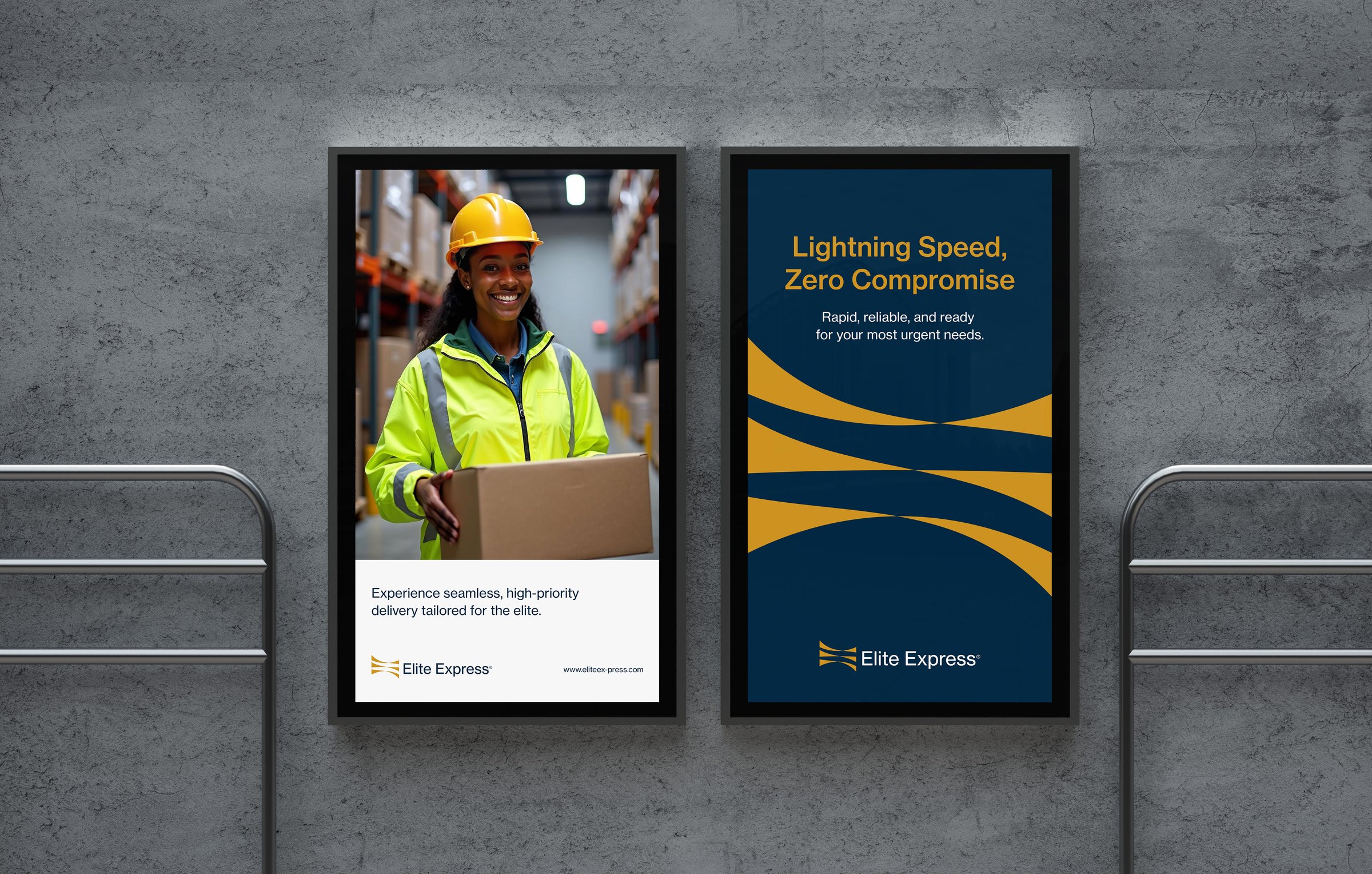 Two posters: one shows a smiling worker in a warehouse; the other has the text "Lightning Speed, Zero Compromise."