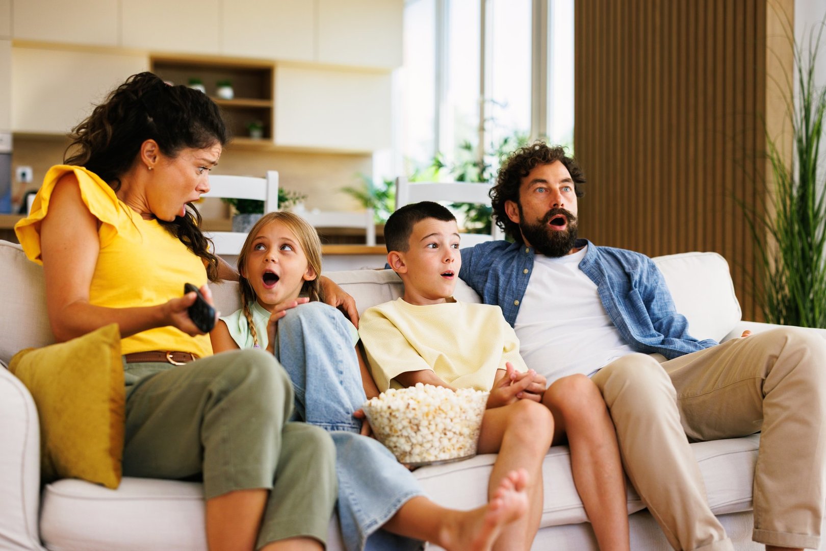 Surprised family watching television at home while sitting on sofa and eating popcorn