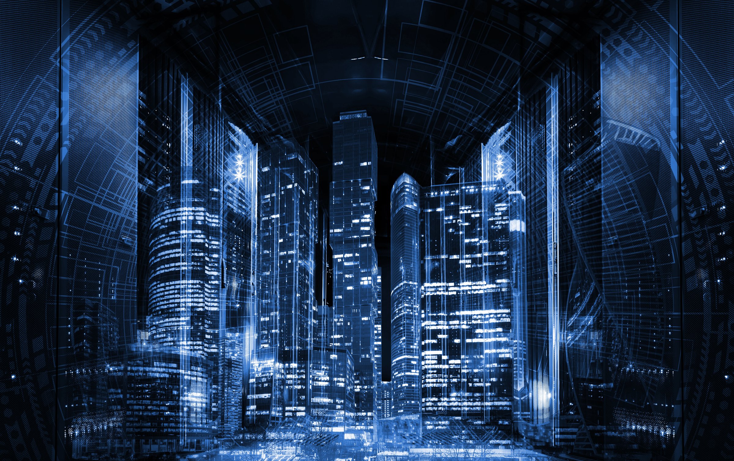 3D rendering Blue panoramic city on black background, technology city connection